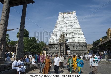Kanchipuram Tamilnadu / India  Sep 11 2011 Main Gopuram Of Varatharaja Perumal Temple. People Are Th