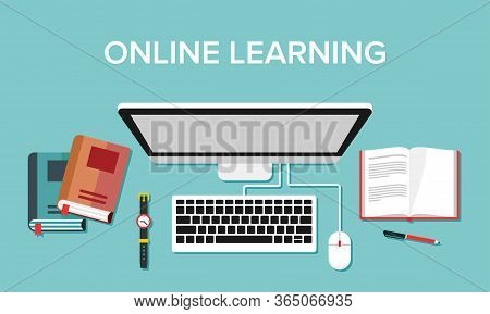 Illustration Of Online Learning Activities Using Computer Media And The Internet. Suitable For Visua