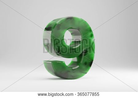Jade 3d Number 9. Jade Number Isolated On White Background. Green Jade Semitransparent Stone Alphabe