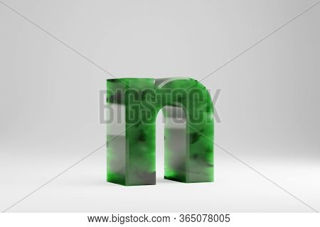 Jade 3d Letter N Lowercase. Jade Letter Isolated On White Background. Green Jade Semitransparent Sto