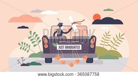 Graduation Celebration Concept, Tiny Person Vector Illustration. Getting College Or University Diplo