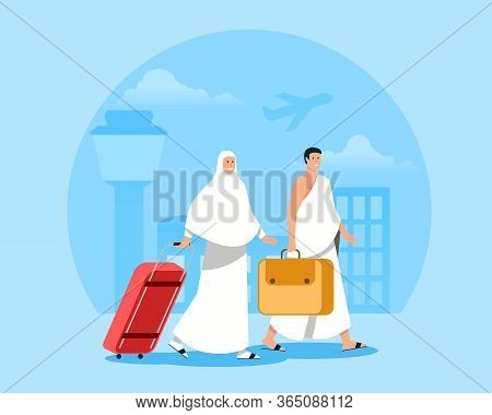 Couple Of Pilgrims At Airport Ready For Pilgimage Trip To Mecca.