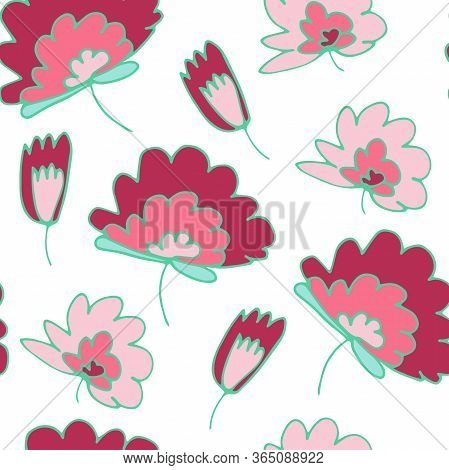 Seamless Vector Floral Pattern. Hand-drawn Pink Plants Isolated On White Background. Doodle Illustra