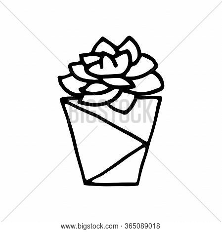 Doodle Succulent In A Faceted Pot. Scratchy Hand-drawn Succulent With Poly Flower Pot. Black Outline