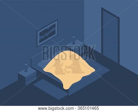 Children Play Games Under The Covers At Night In The Dark, With A Flashlight. Kids Game In The Bed. 