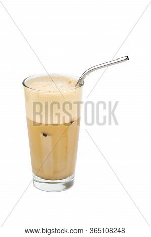 Tasty Traditional Frappe, Greek Ice Coffee, In Glass With Ice And Metal Straw Isolated On White Back
