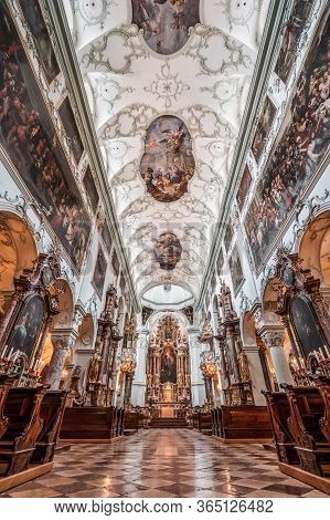 Feb 4, 2020 - Salzburg, Austria: Ultrawide Nave View Of Altar And Rococo Floral Mural Ceiling Of St 