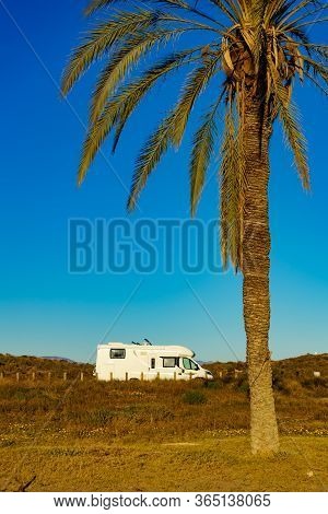 Camper, Recreational Vehicle On Mediterranean Coast With Palm Tree In Spain. Camping On Percheles Be