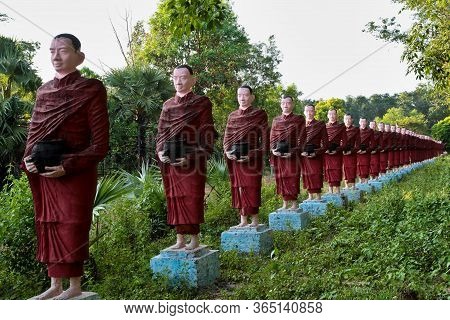 Hpa-an, Myanmar - Nov 05, 2019: Buddhist Monks Stone Statues Row At Kaw Ka Thaung Cave, Hpa-an, Myan