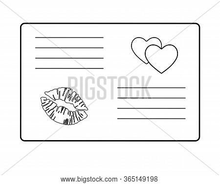 Love Letter Valentine. Envelope With A Love Message Decorated With Two Hearts And A Lipstick Print -