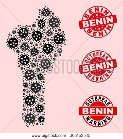 Outbreak Composition Of Infection Mosaic Benin Map And Grunge Seals. Vector Red Seals With Distress 
