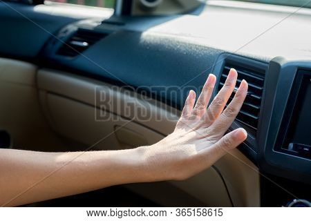 Hand Woman Checking Flow Cold From Air Conditioner In New Car,cooling System In Car,auto Air Conditi