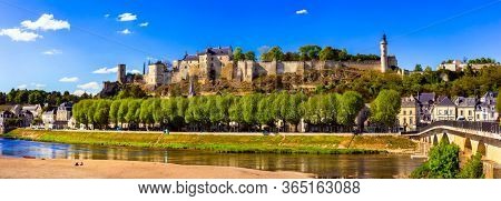Travel in France - panoramic view of Chinon town with royal castle. Famous castles of Loire valley