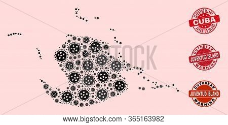 Outbreak Collage Of Virus Mosaic Juventud Island Map And Rubber Seal Stamps. Vector Red Seals With S