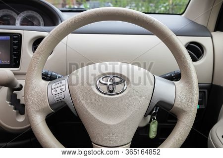 Novosibirsk/ Russia - May 02 2020: Toyota Sienta, Salon Of A New Stylish Car. Steering Wheel With Re