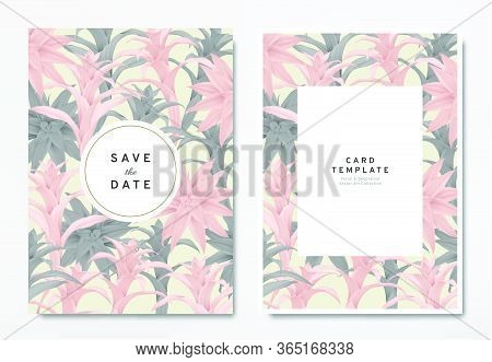 Greenery Wedding Invitation Card Template Design, Pink And Black Bromeliaceae With Circle And Rectan