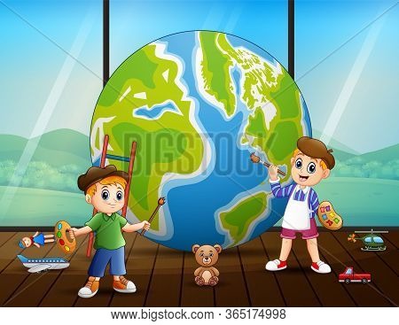 Happy Boys Painting A Big Globe In Different Colors