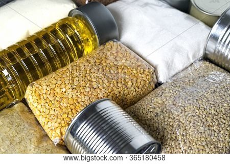 Food For Donating. Healthy Food For Food Delivery. Set Of Raw Cereals, Grains And Canned Food. Flat 