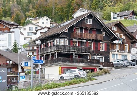 Triesenberg, Liechtenstein - October 2019: Landscape Of Hillside Village In Triesenberg, A Municipal