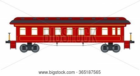 Red Vintage Passenger Coach Train In Retro Style. Vector Illustration