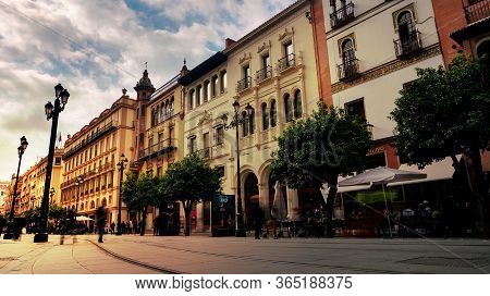 Seville, Spain - 10 February 2020 : Main Boulevard Street In Beautiful Seville Spain City Center