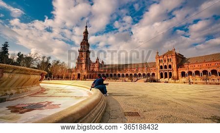 Seville, Spain - 10 February 2020 : Plaza De Espana Spain Square Architecture In Beautiful Seville S