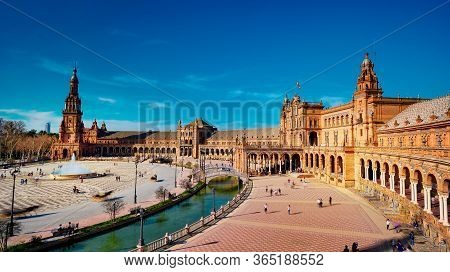 Seville, Spain - 10 February 2020 :plaza De Espana Spain Square Architecture Top View In Beautiful S