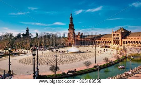 Seville, Spain - 10 February 2020 :plaza De Espana Spain Square Architecture Top View In Beautiful S