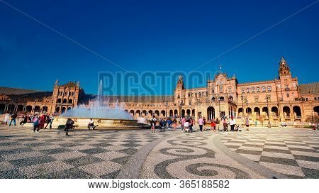 Seville, Spain - 10 February 2020 :plaza De Espana Spain Square Architecture Top View In Beautiful S