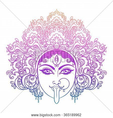 Portrait Of Indian Hindi Goddess Kali. Female Blue Head With Open Moth And Out Stuck Tongue. Destroy