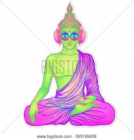 Peace And Love. Colorful Buddha In Rainbow Glasses Listening To The Music In Headphones. Vector Illu