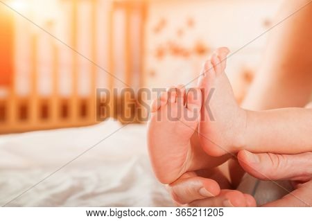Legs Of A Newborn In Hands Closeup. Baby's Feet And Copy Space. Infant Care And Colic