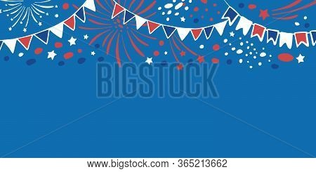 Fireworks And Flags On The Top Of The Page. Hand Drawn Vector Sketch Illustration