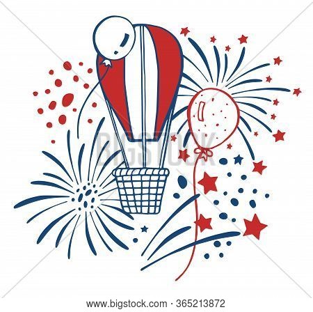 Fireworks And Balloons. Hand Drawn Vector Sketch Illustration