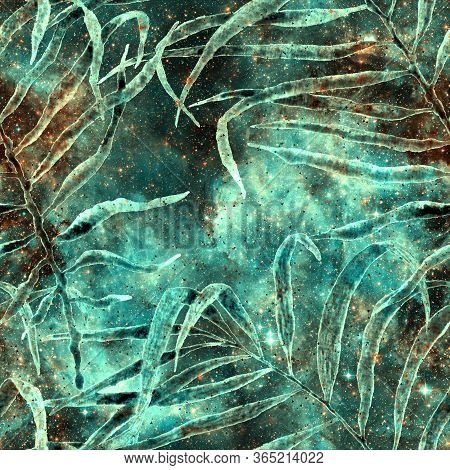 Exotic Seamless Pattern. Fashion Hand Drawn Texture. Turquoise Cosmic Background. Exotic Seamless Pa
