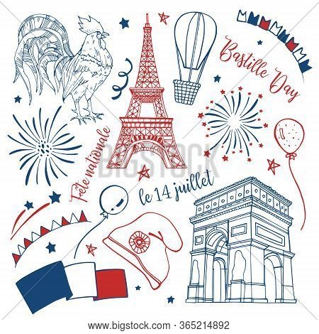 Bastille Day Set. Titles In French National Celebration, 14th Of July. Eiffel Tower, Triumphal Arch,
