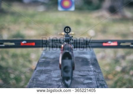Close-up Crossbow Sight, Selective Focus. The Concept Of Hunting. Natural Light