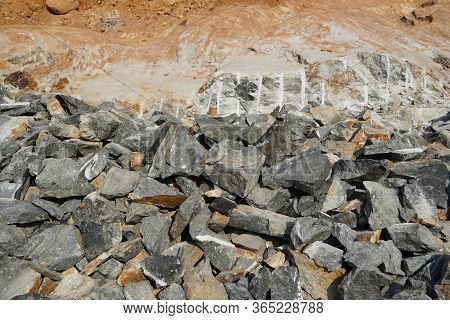 Pile Of Rocks I.e. Lithium Mining And Natural Resources Like Limestone Mining In Quarry. Natural Zeo