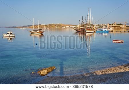 View Of The Gumusluk Bodrum Marina, Sailing Boats And Yachts In Bodrum Town, City Of Turkey. Shore A