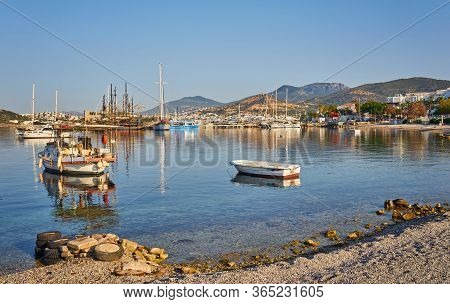 View Of The Gumusluk Bodrum Marina, Sailing Boats And Yachts In Bodrum Town, City Of Turkey. Shore A
