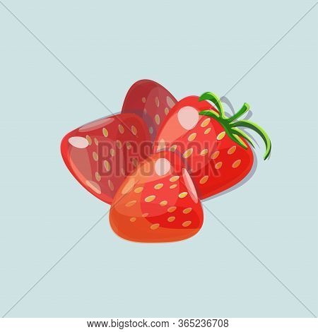 Summer Design With A Handful Of Fresh Strawberries On Light Blue Background. Vector Design.