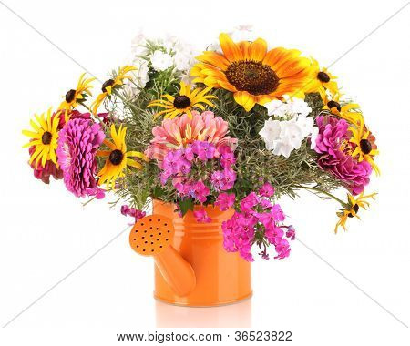 Smuk buket af lyse blomster i bailer isoleret på hvid