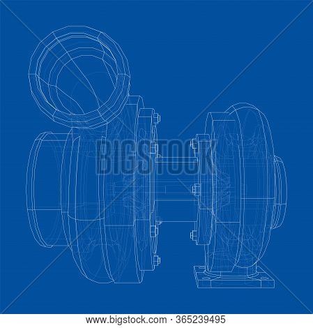 Automobile Turbocharger Concept Outline. Vector Rendering Of 3d. Wire-frame Style. The Layers Of Vis