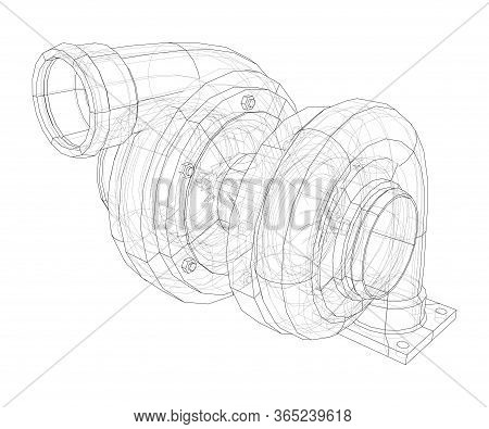 Automobile Turbocharger Concept Outline. Vector Rendering Of 3d. Wire-frame Style. The Layers Of Vis