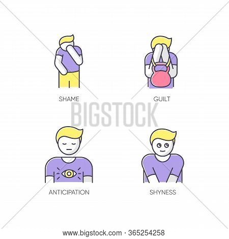 Human Behaviour Rgb Color Icons Set. Feeling Of Shame. Man With Self Blame. Social Emotion Of Guilt.