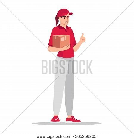 Female Courier In Red Shirt Holding Parcel Semi Flat Rgb Color Vector Illustration. Caucasian Employ