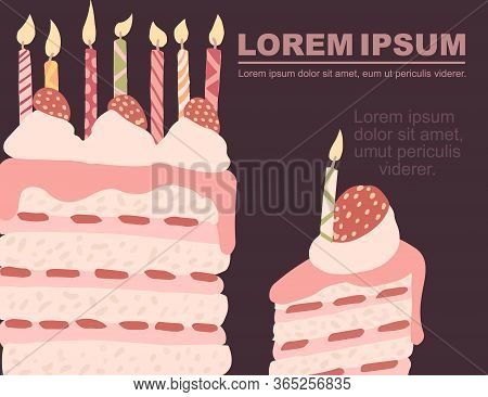 Advertising Flyer Design Piece Of Cake With Strawberry And Birthday Candles Flat Vector Illustration
