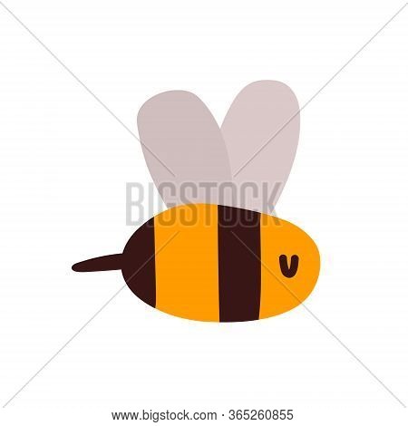 Cute Little Wasp, Bee, Bumblebee, Yellow Insect In Black Stripes With Cute Wings And A Sting. Vect C