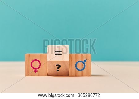 Gender, Sexual Equality. Human Rights. Wooden Cubes With Feminism And Masculism Symbols, Question Ma