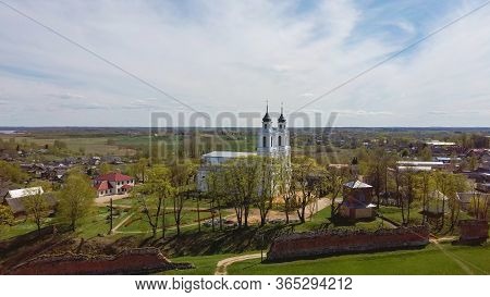 Aerial View Of The Ludza Medieval Castle Ruins On A Hill Between Big Ludza Lake And Small Ludza Lake
